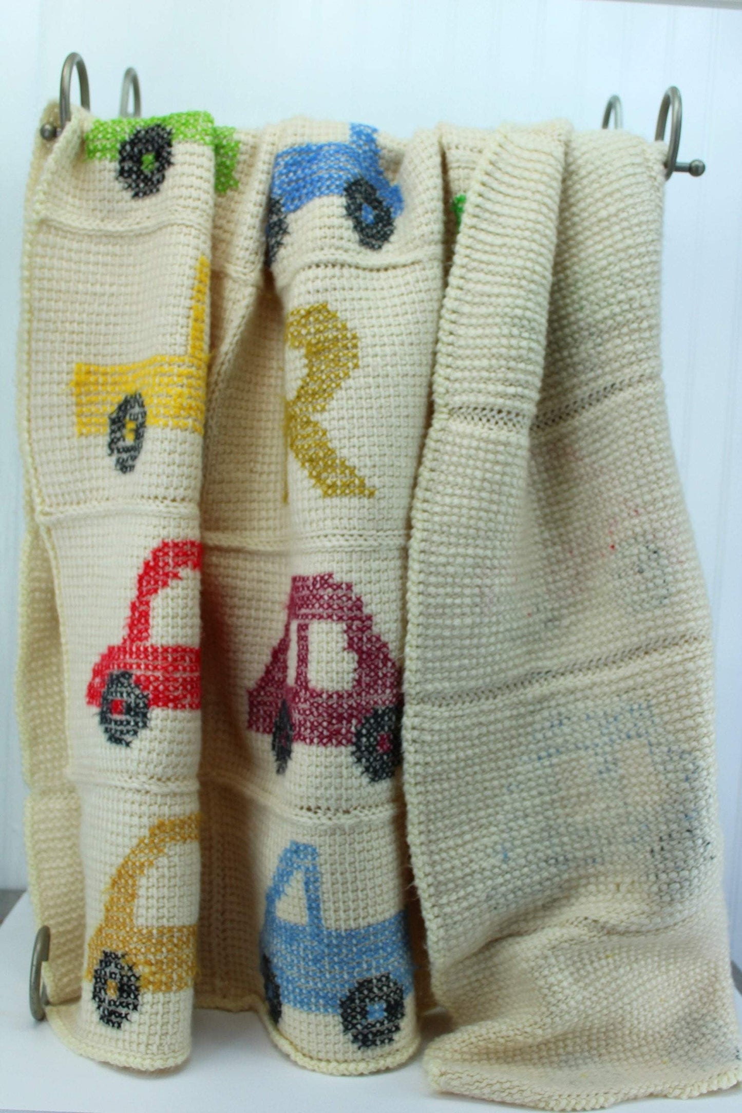 Hand Knit Throw Blanket Cars Trucks Cross Stitched Washable Blend Yarn child's blanket