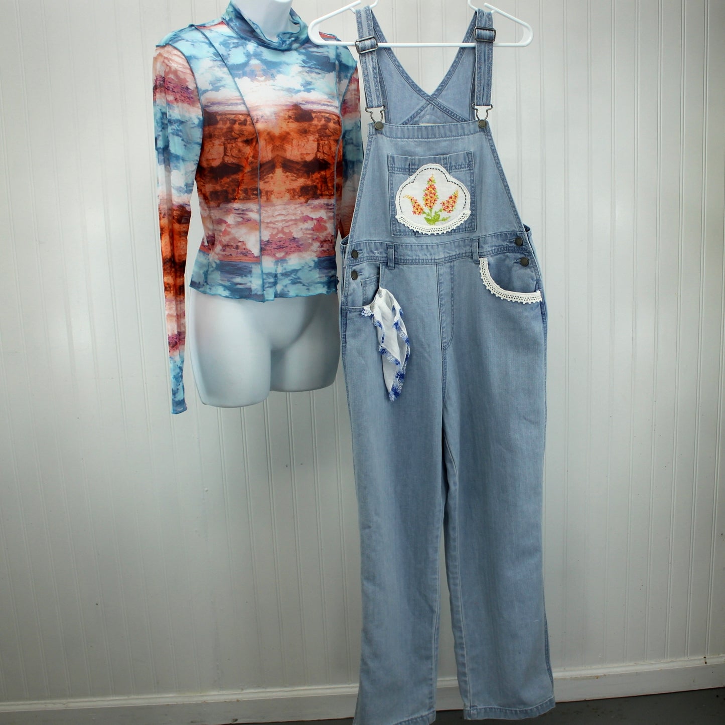 Universal Threads New Overalls Wild Fable Shirt Patzi Design Embroidery showing 2 pieces separately