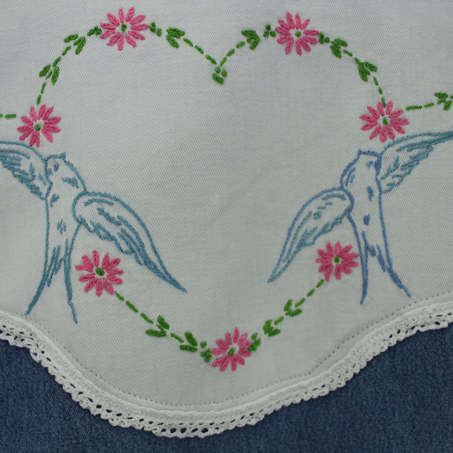 Three Rivers Denim Sleeveless Shirt Vest Enhanced Patzi Design Bluebirds Heart closeup back yoke