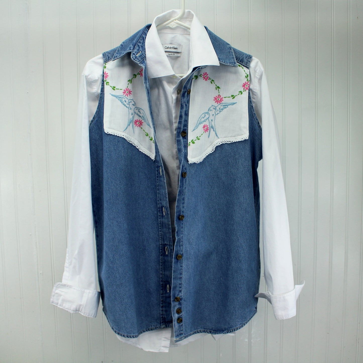 Three Rivers Denim Sleeveless Shirt Vest Enhanced Patzi Design Bluebirds Heart shown as vest
