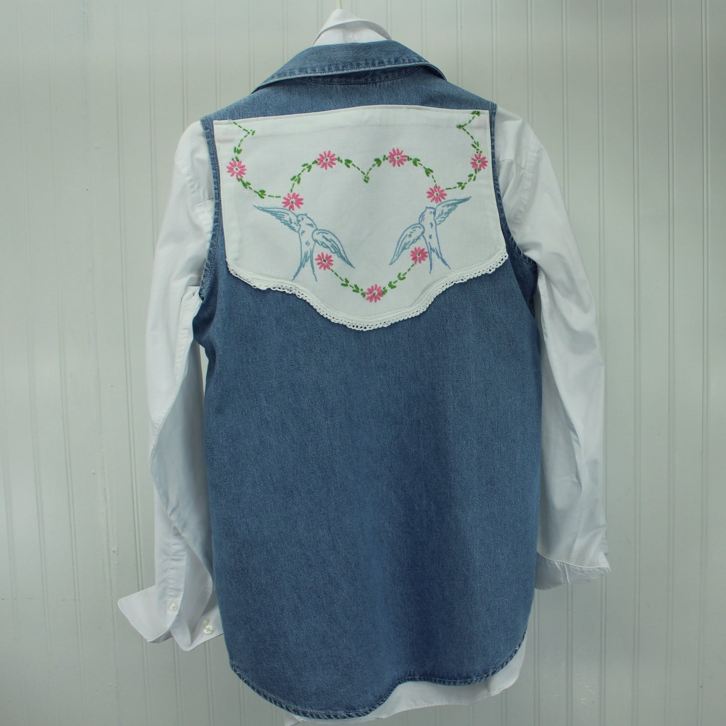 Three Rivers Denim Sleeveless Shirt Vest Enhanced Patzi Design Bluebirds Heart back view as vest birds and heart embroidery