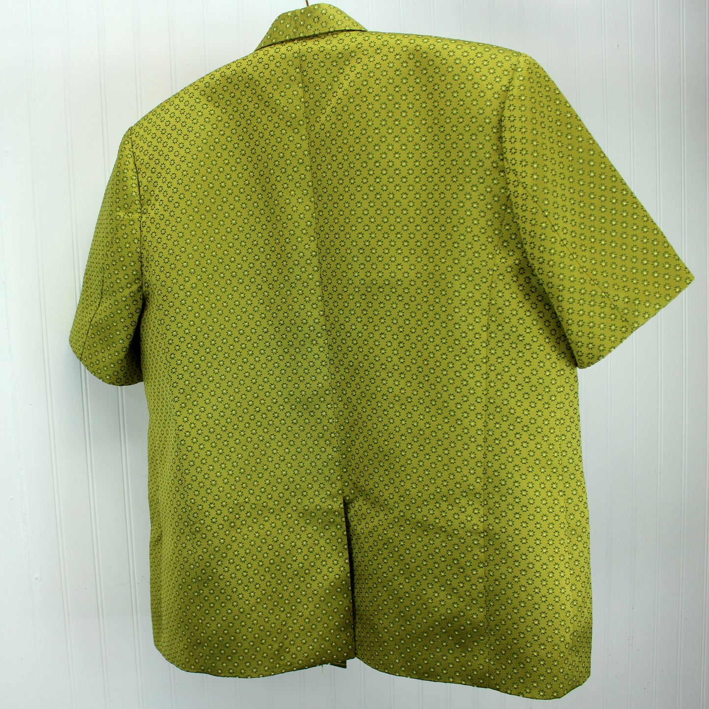 Mens Wedding Formal Jacket 1970s Green Brocade Hand Tailored Asian Style Half Sleeve back view of jacket