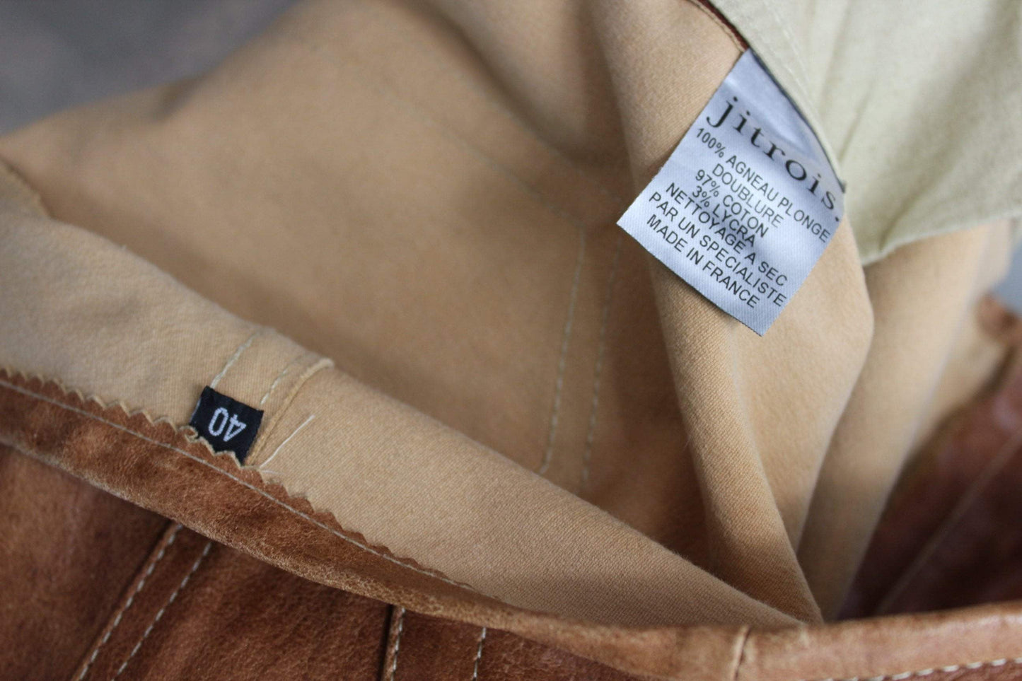 Jitrois France Womens Caramel Leather Pants - Slim Leg Lambskin Size 40 Dbl Stitch - 32" Waist maker tags lining cotton lycra