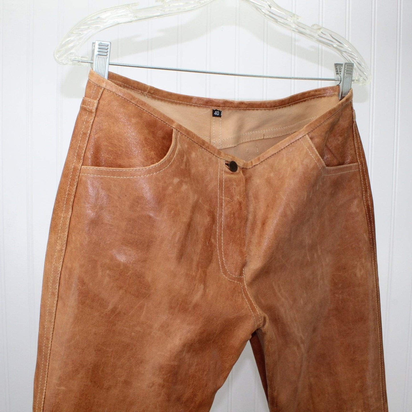 Jitrois France Womens Caramel Leather Pants - Slim Leg Lambskin Size 40 Dbl Stitch - 32" Waist engraved maker name on pocket