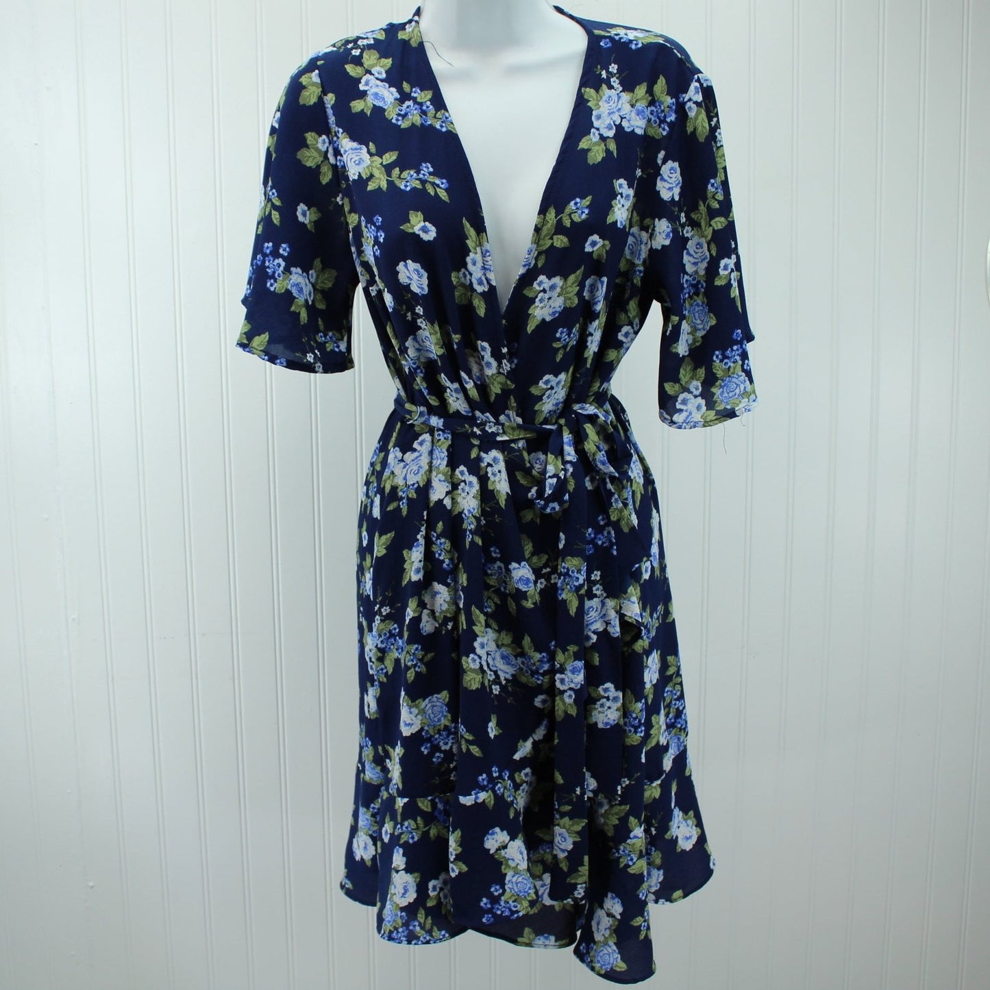 Paper Tee Dress Navy Roses Print Flouncey Sassy Belted Plunge Neck