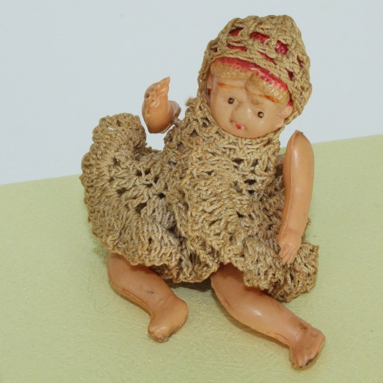 Tiny 2" Celluloid Doll Crochet Clothes - Early 1900's Diamond Logo Japan