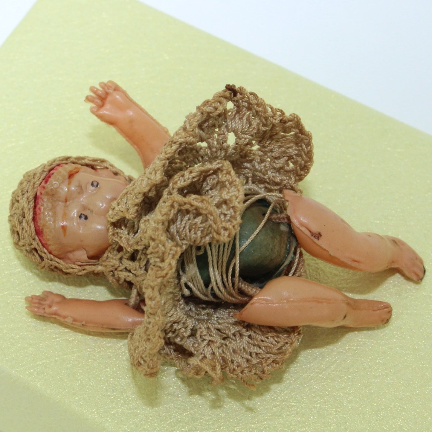 Tiny 2" Celluloid Doll Crochet Clothes - Early 1900's Diamond Logo Japan hand made clothes