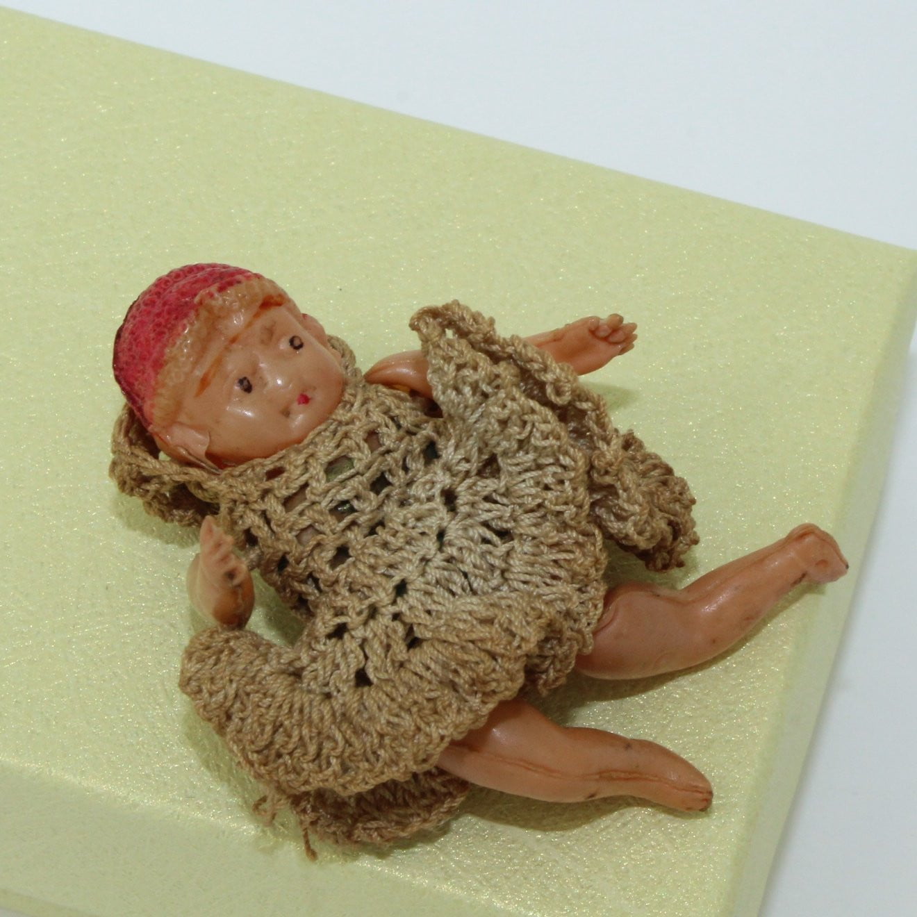 Tiny 2" Celluloid Doll Crochet Clothes - Early 1900's Diamond Logo Japan celluloid body