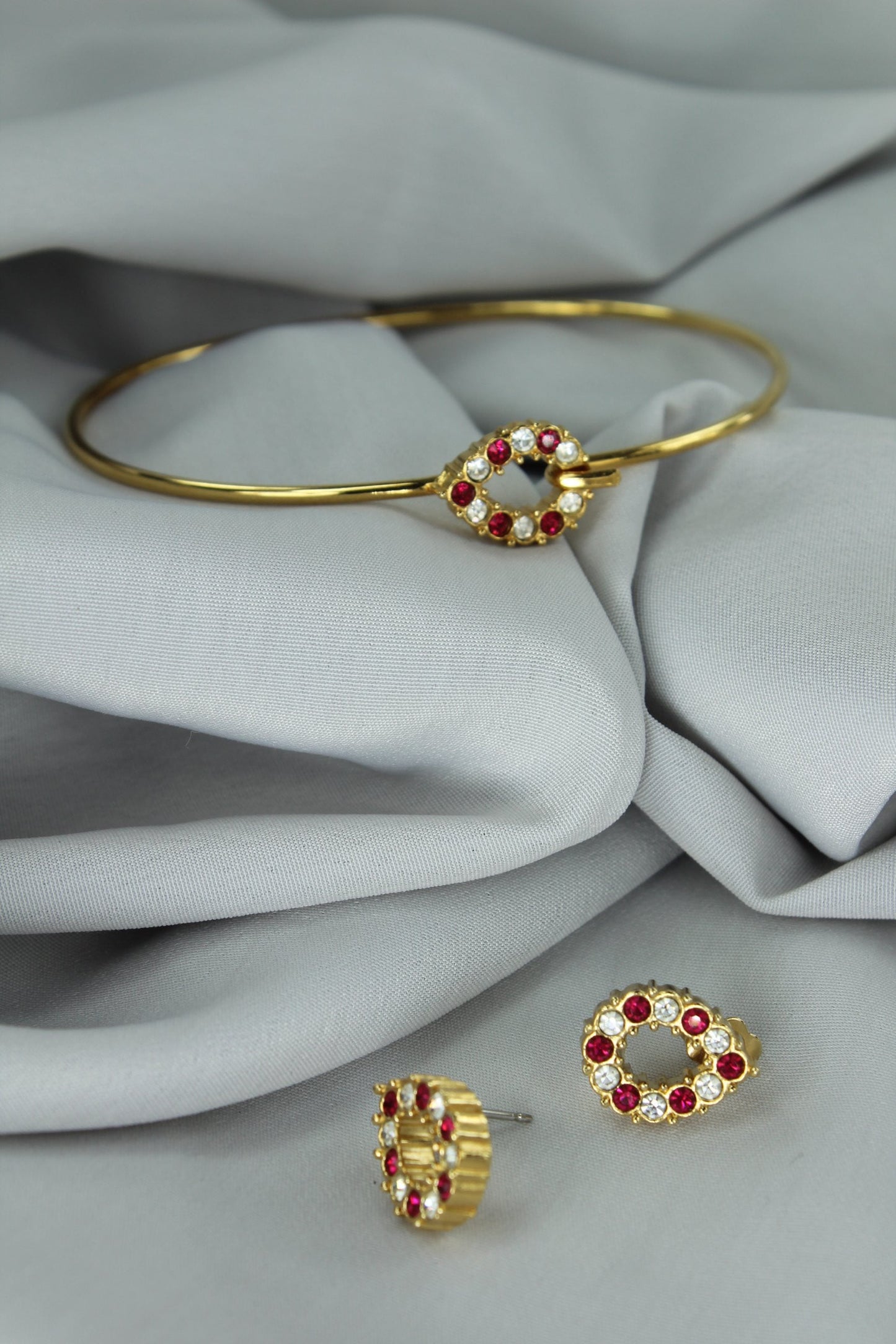 Red Crystal Bracelet Matching Earrings Wire Bangle Post Earrings fashion