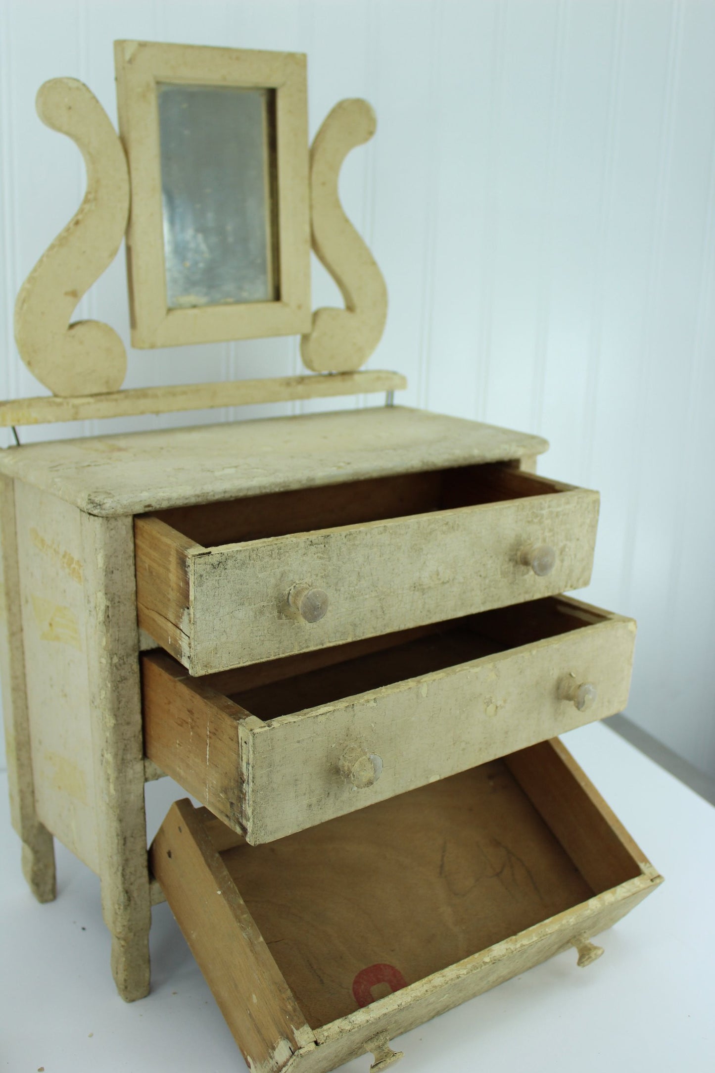 Old Collectible Doll Dressser TLC Wanted - Wood Hand Made Harp Mirror 3 drawers