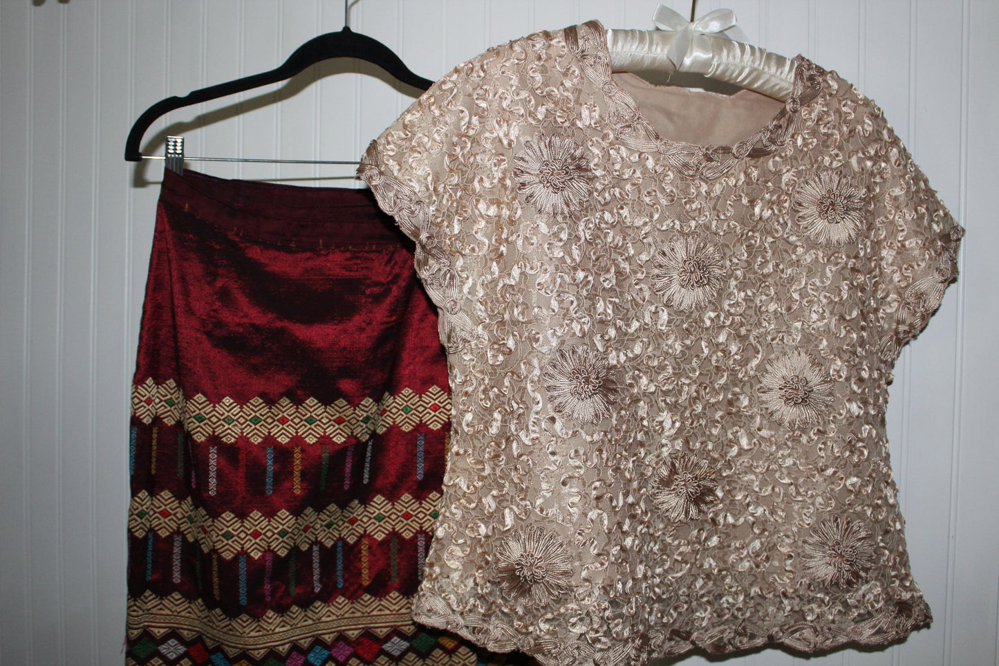 Thailand 2 Piece Wrap Skirt Woven Gold Thread Ribbon Embroidered Top Authenticate Custom Made cocktail dress