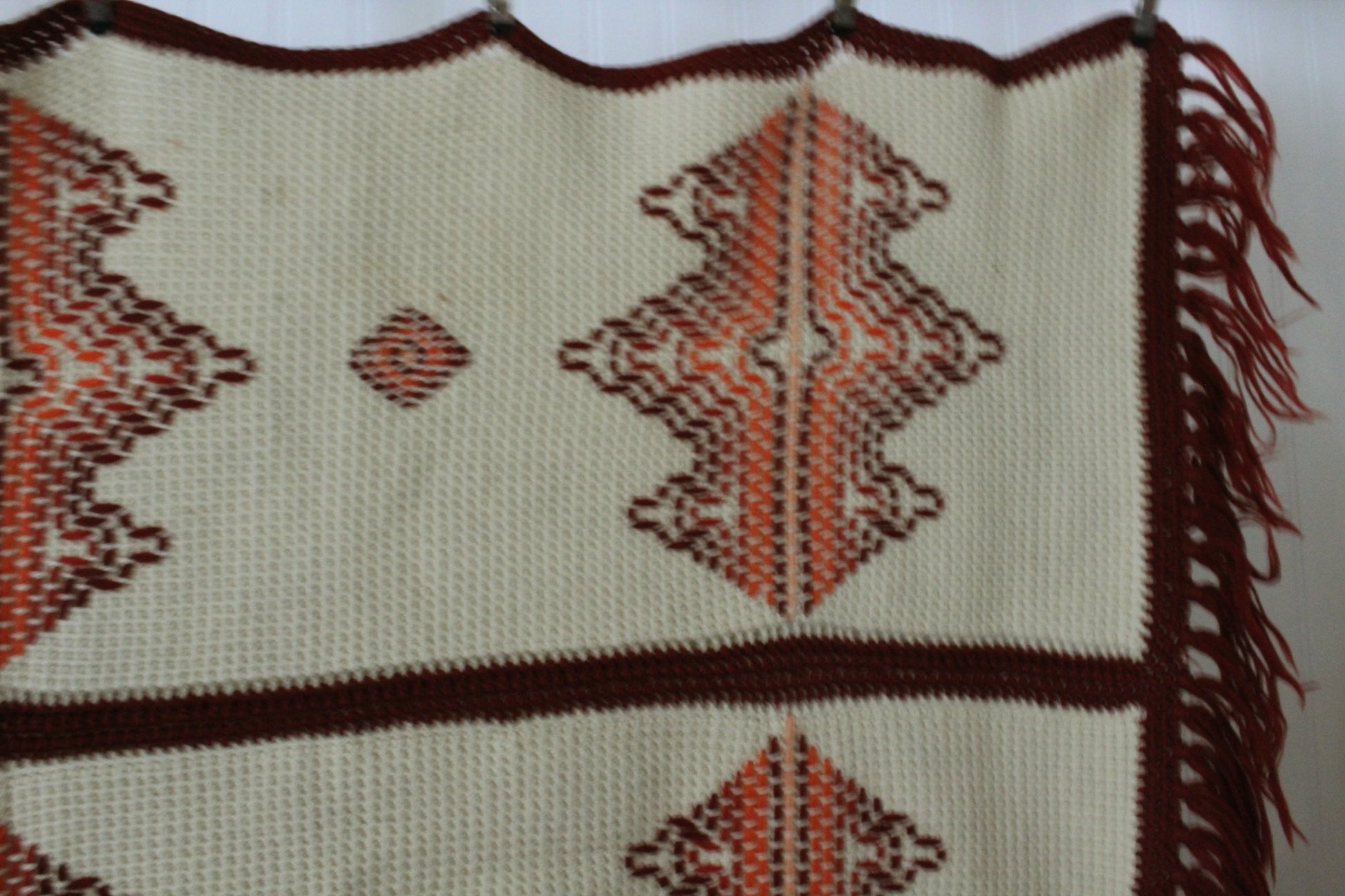 Hand Made Afghan Wool Throw Cream Rust Orange 40" X 70" Large Knotted Fringe one of kind