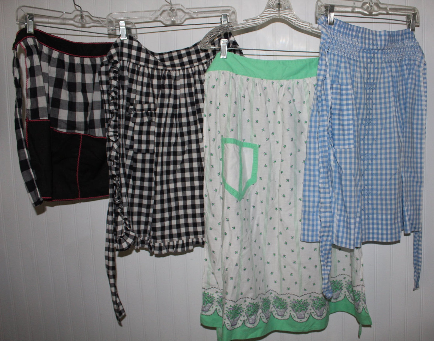 Kitchen Aprons 4 Vintage 1940 60s Cotton Smocked Rickrack Wear or Pattern Use