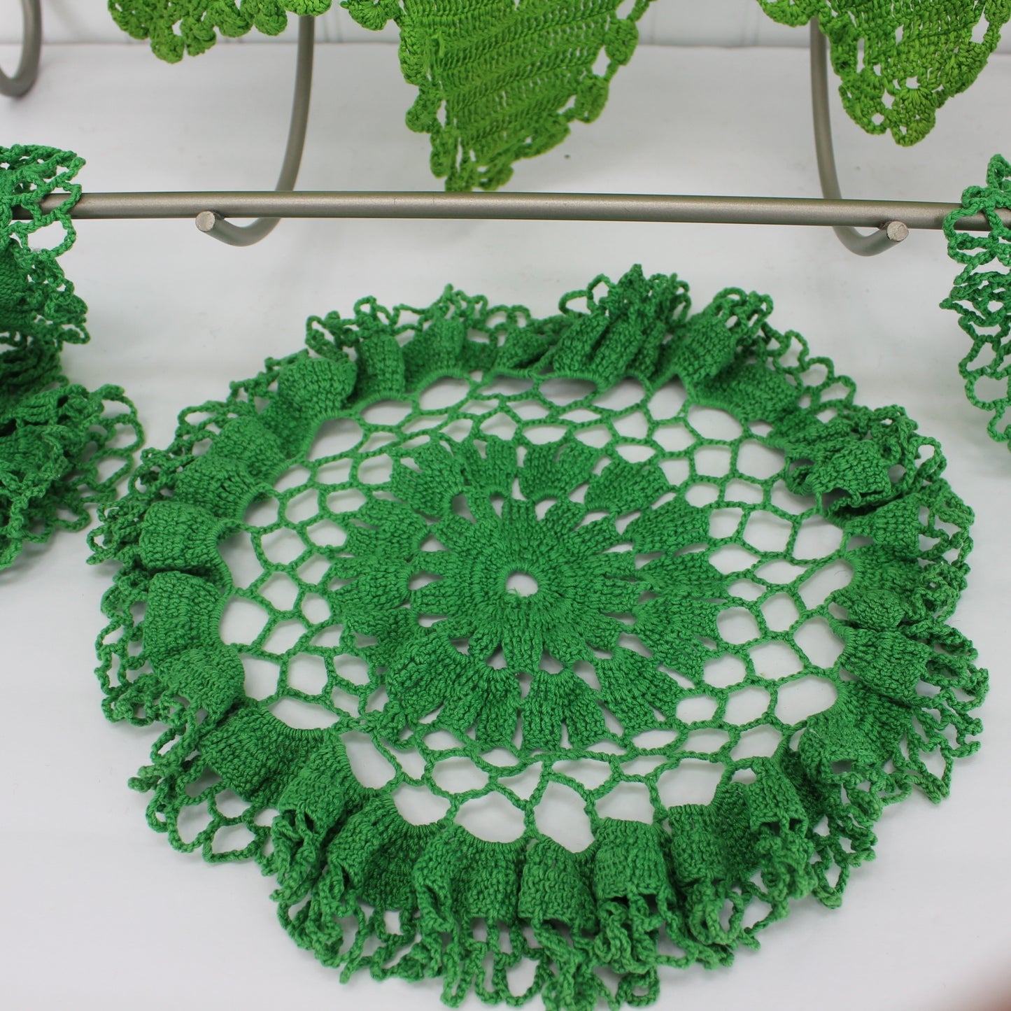 Collection Lot Crochet Doilies 3 Green 12" 1 Lime Green Irregular Large closeup of round doilies