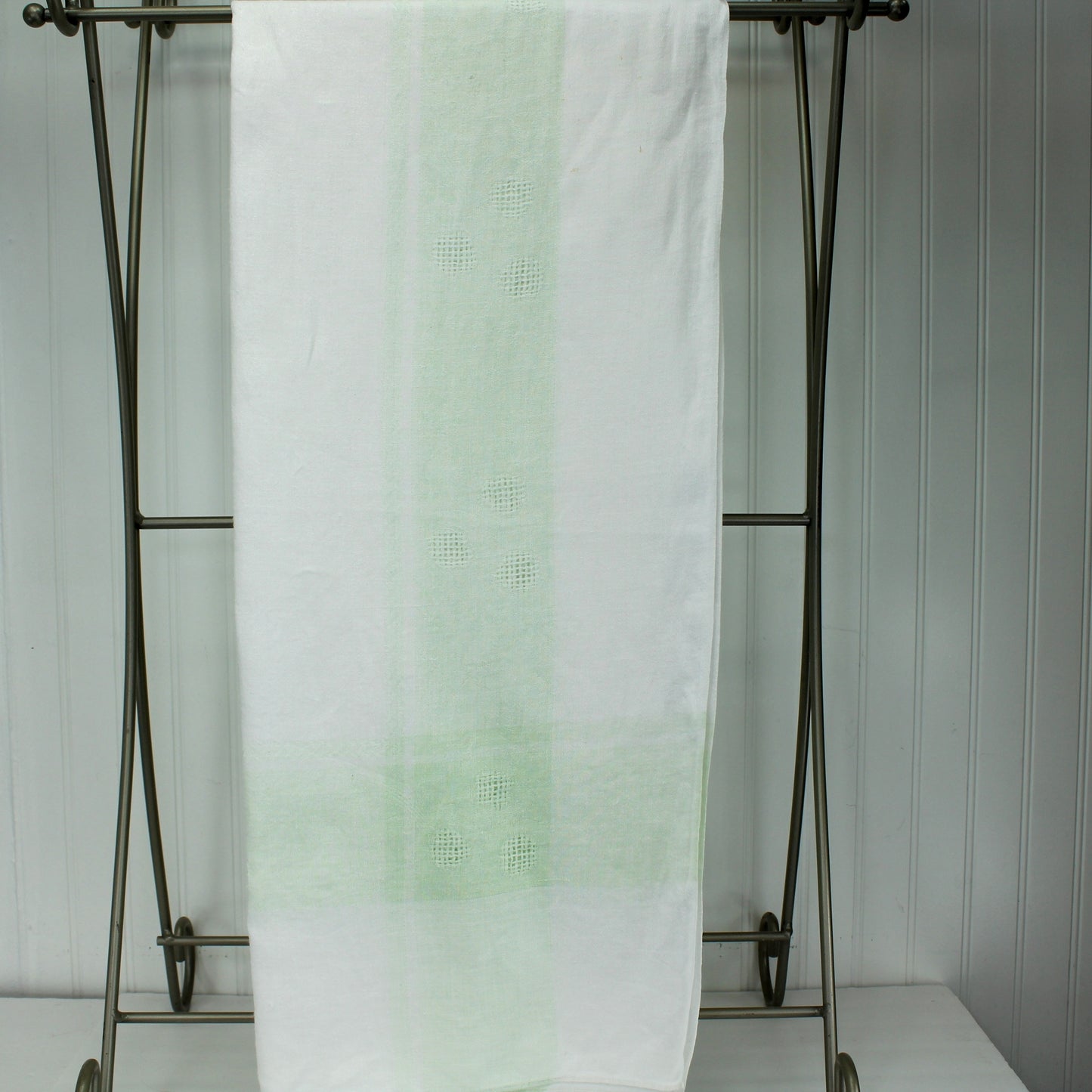 Lovely Older Small White Table Cloth Pale Green Borders Linen Openwork vertical view showing corner design