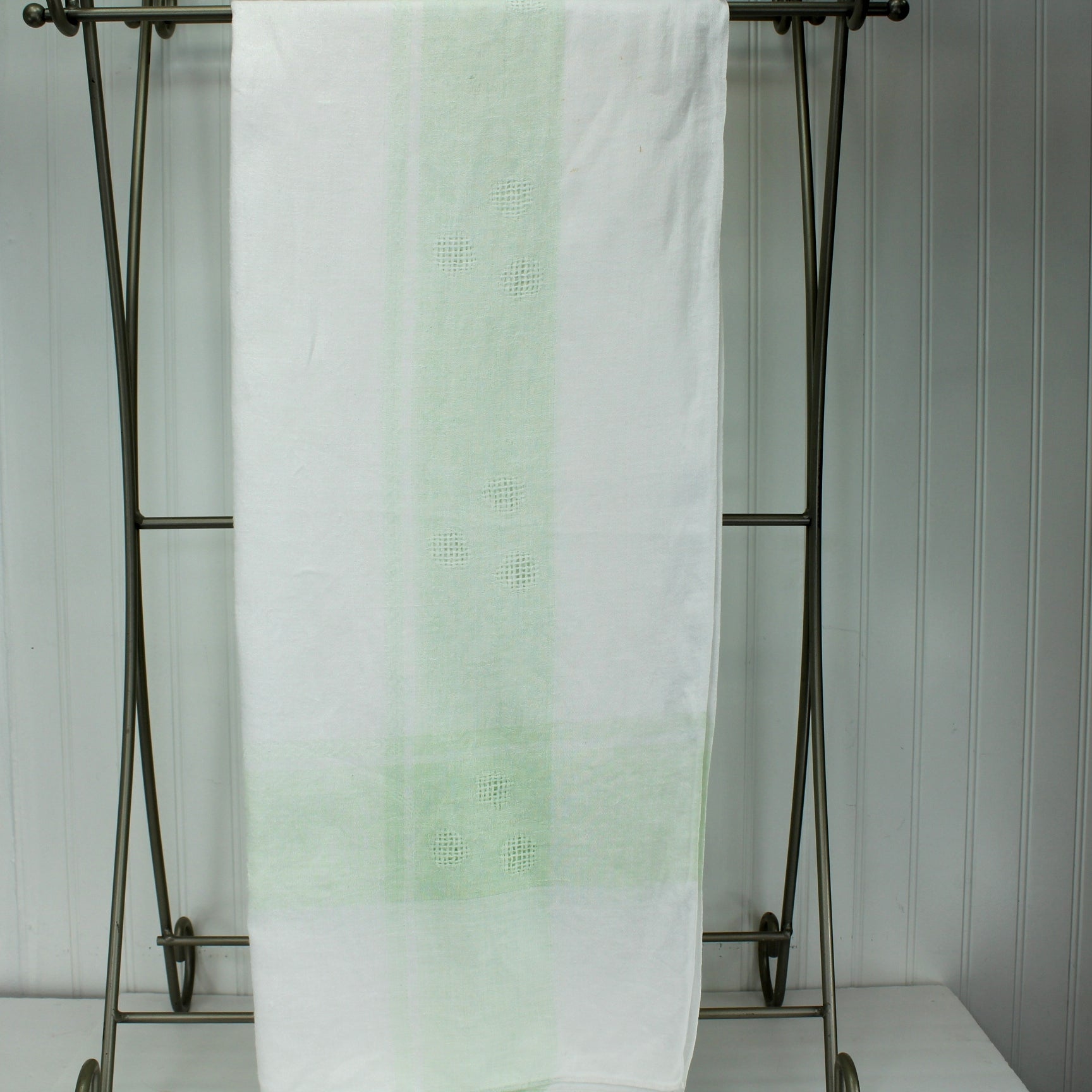 Lovely Older Small White Table Cloth Pale Green Borders Linen Openwork vertical view showing corner design