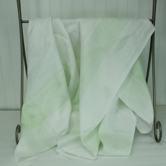 Lovely Older Small White Table Cloth Pale Green Borders Linen Openwork