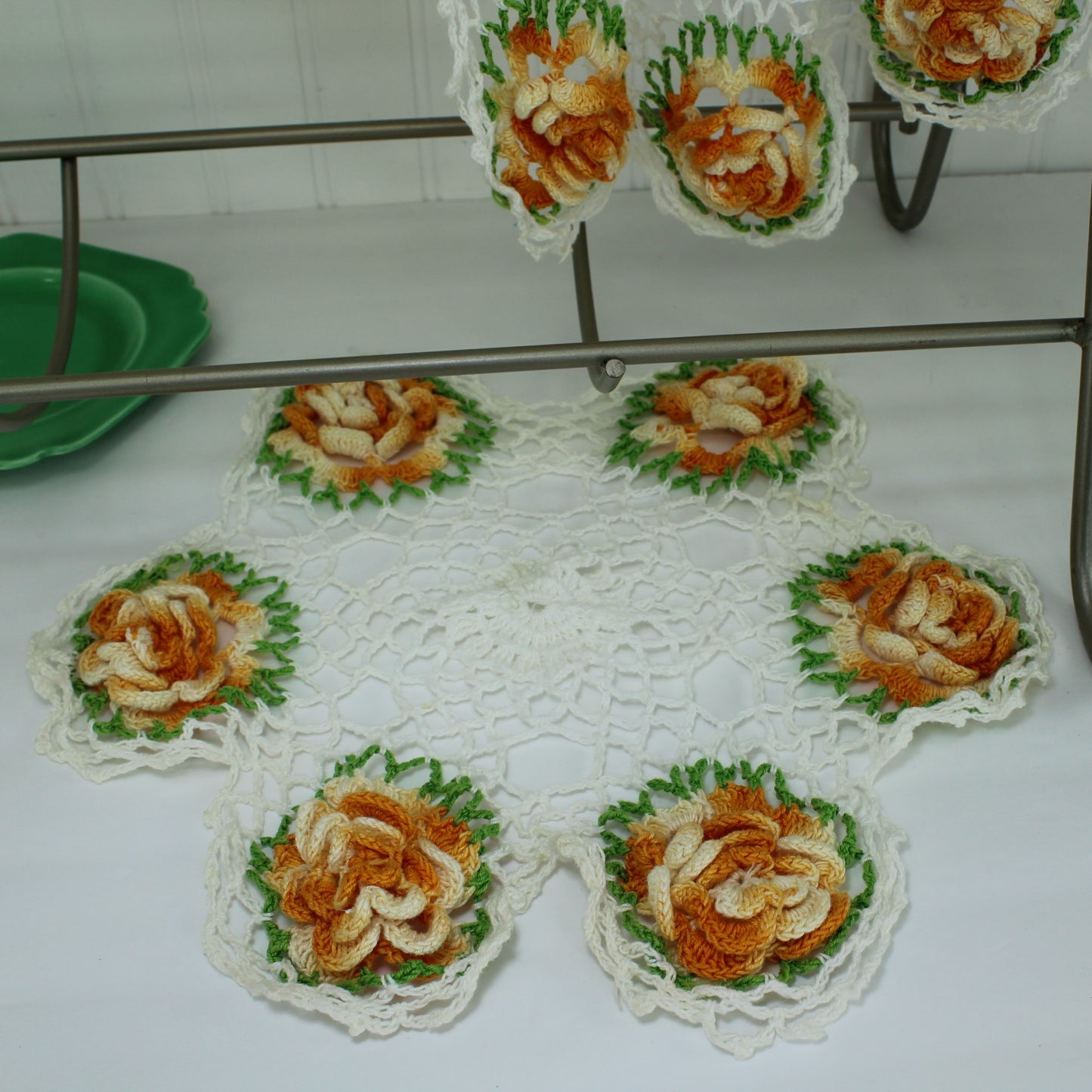Collection Lot 3 Crochet Doilies 3D Raised Dimensional Flowers Orange Green on White closeup of doily laying flat