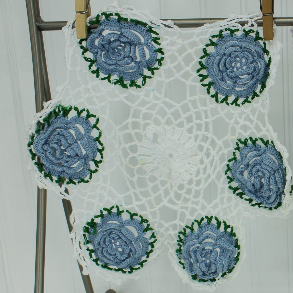 Pair Crochet Doilies Raised Dimensional Flowers Grey Aqua and Blue on White closeup blue flower doilu