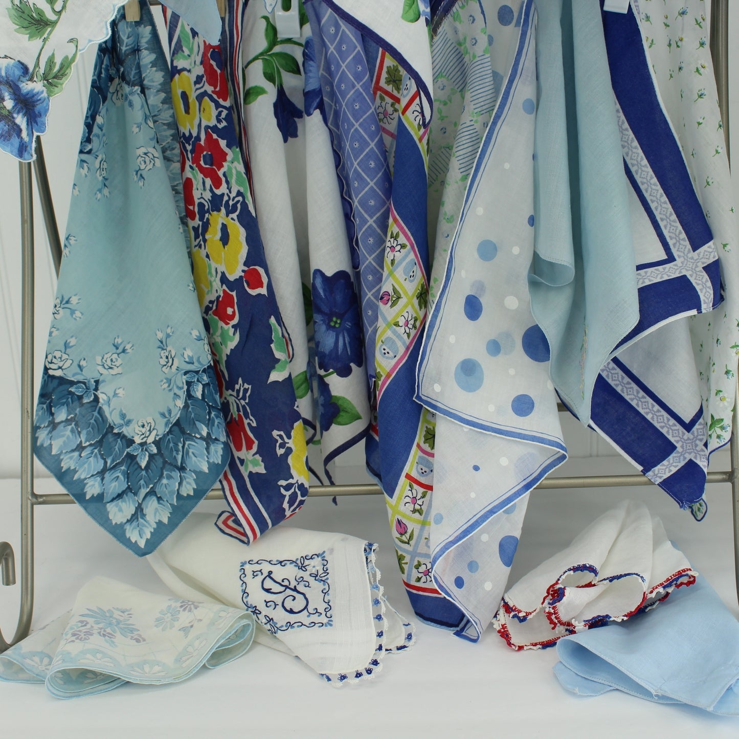 Lot 22 Handkerchiefs Blue Theme MCM Handkerchief Box DIY Clothing Crafts partial photo f 22 lot hankies