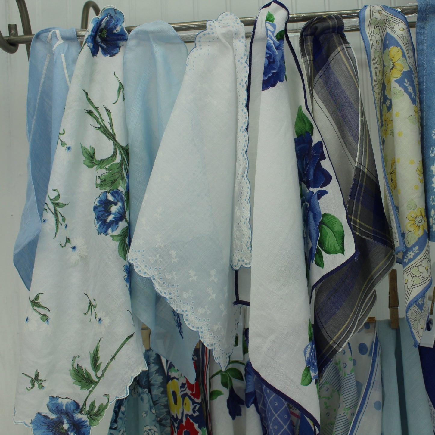 Lot 22 Handkerchiefs Blue Theme MCM Handkerchief Box DIY Clothing Crafts closeup view of blue hankies