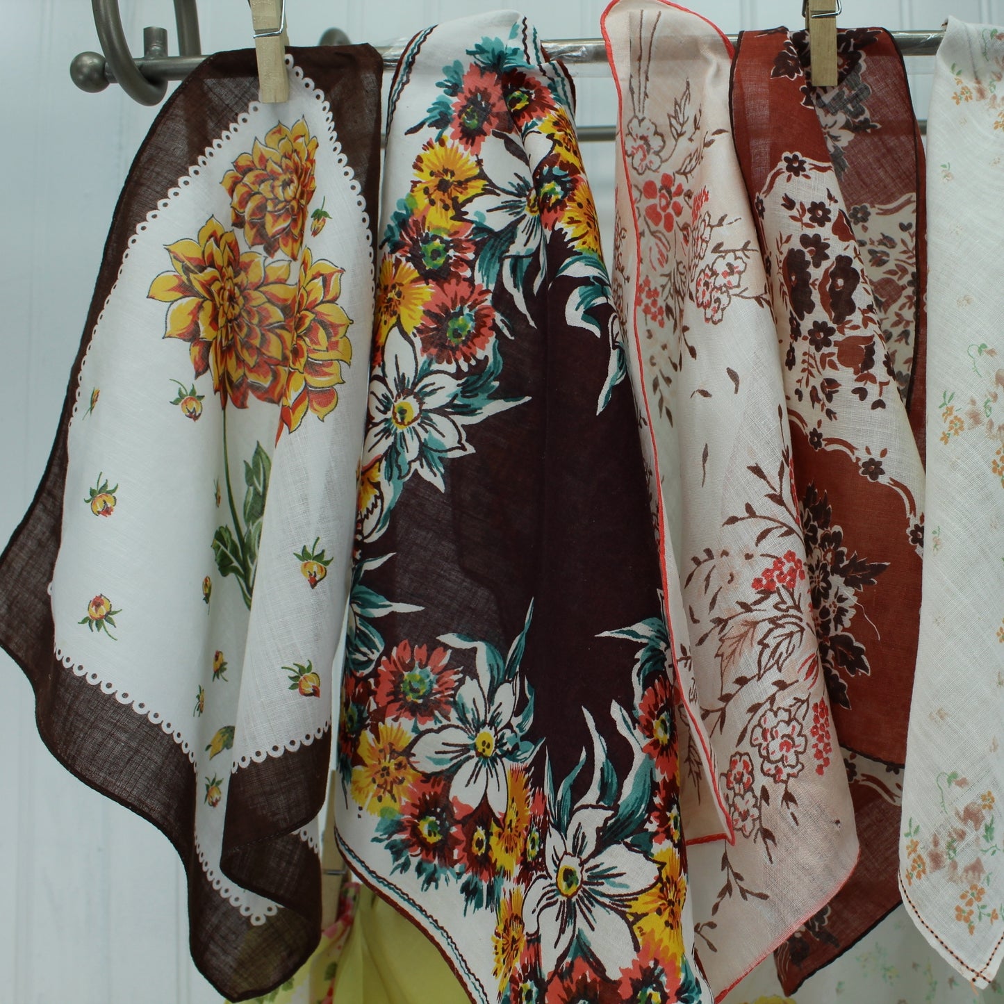 Collection 17 Handkerchiefs in Hand Made Foldup Case DIY Repurpose Lot closeup some handkerchiefs from lot