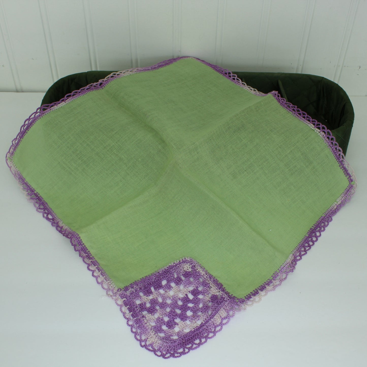 Pair 2 Handkerchiefs Crochet Corner Decor Pansies Use or DIY Clothing Repurpose Crafts square purple crochet corner and edges