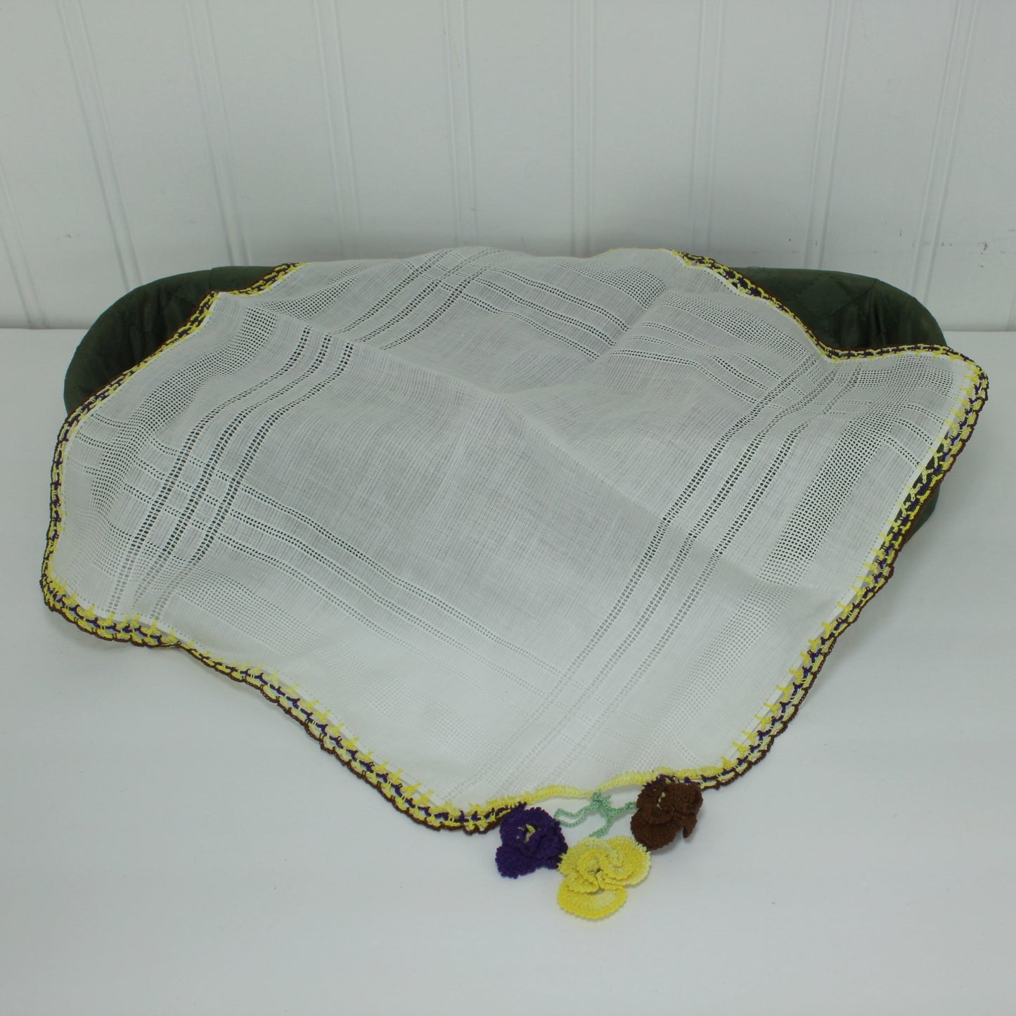 Pair 2 Handkerchiefs Crochet Corner Decor Pansies Use or DIY Clothing Repurpose Crafts hanging pansy flowers on corner