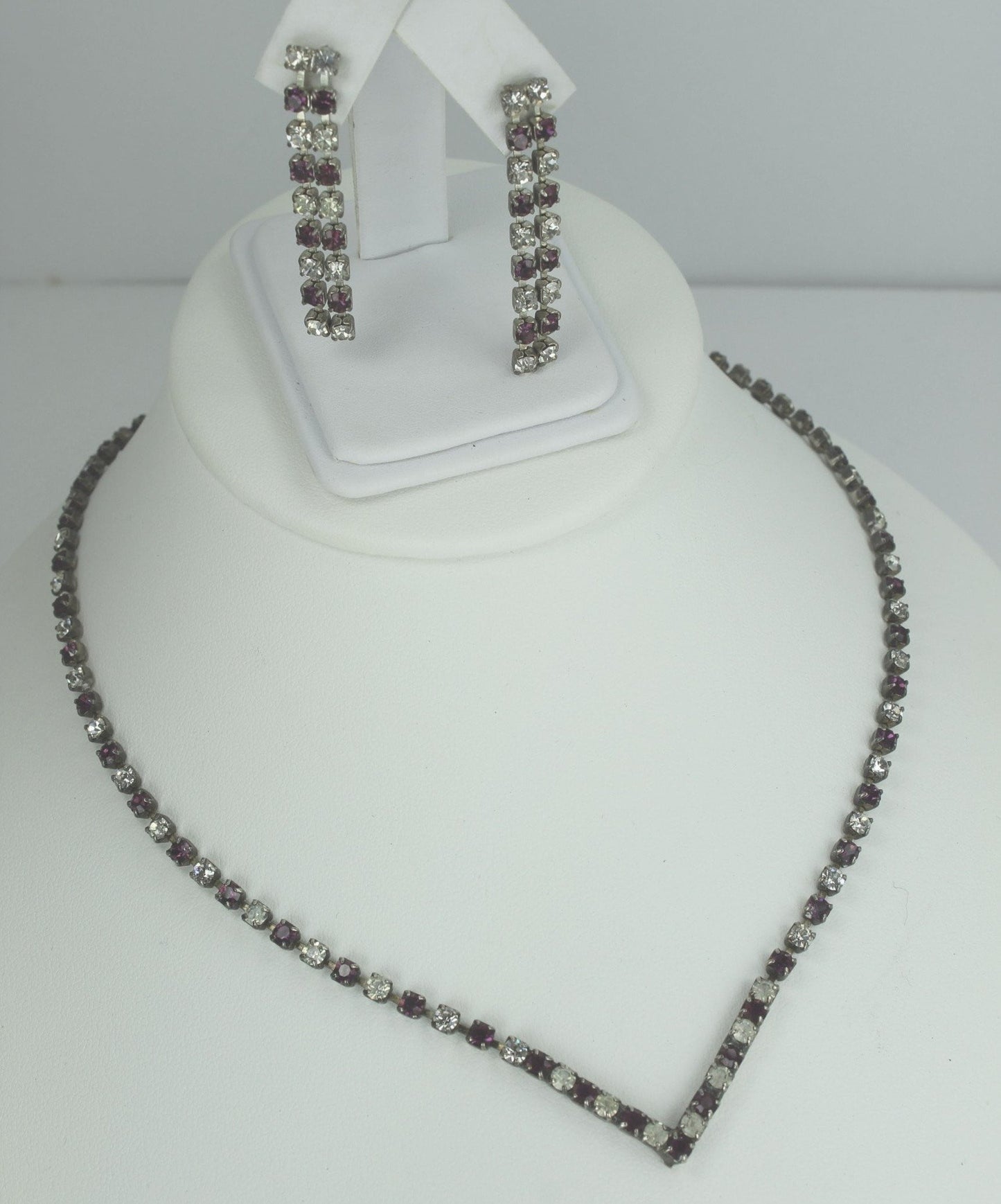 Brilliant Crystal Set Necklace Post Dangle Earrings Clear and Amethyst Color
