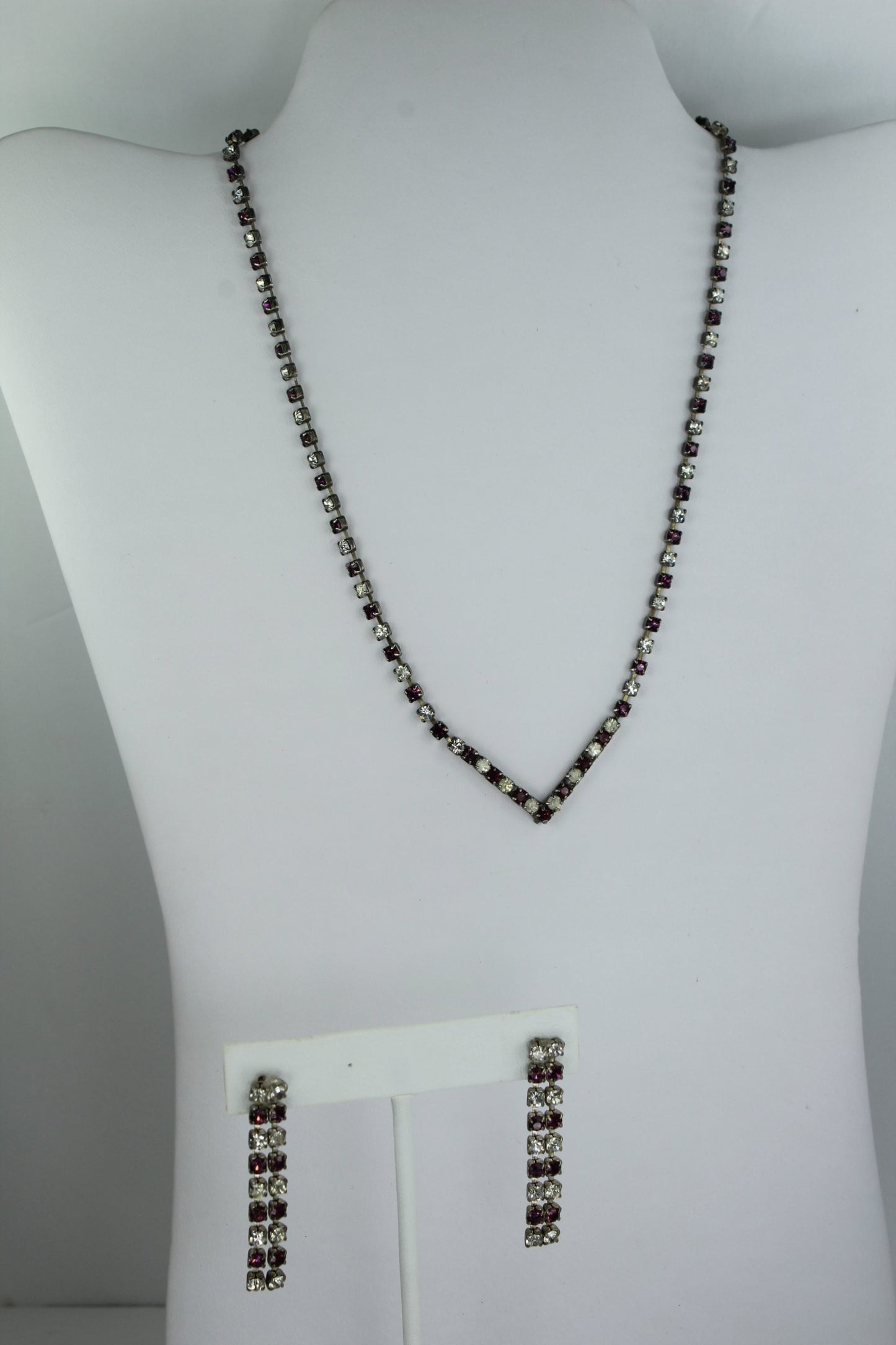 Brilliant Crystal Set Necklace Post Dangle Earrings Clear and Amethyst Color bright