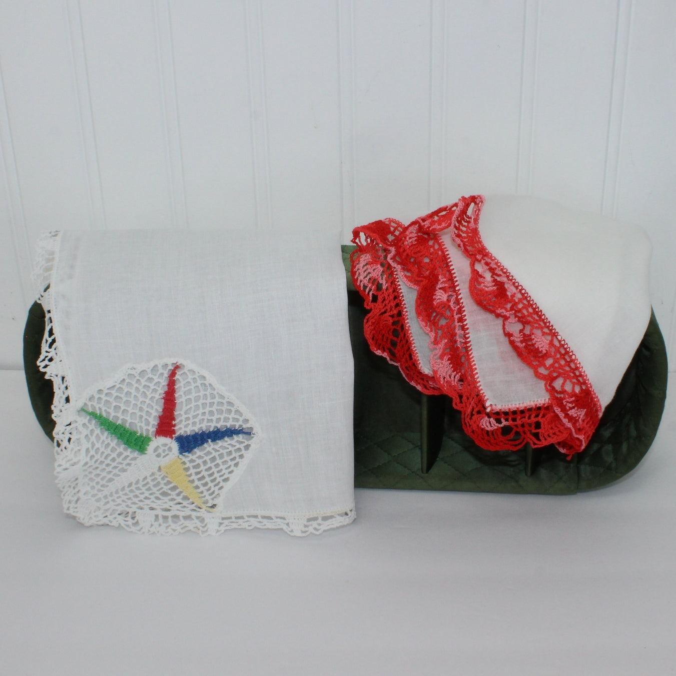 Collection 2 Handkerchiefs Eastern Star Crochet Red variegated crochet on White