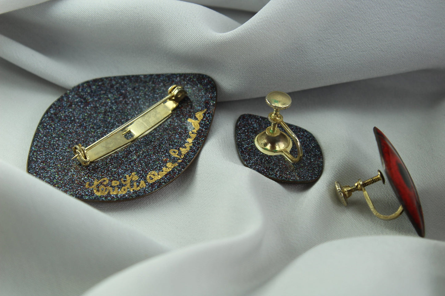 Vintage TERIOTIS Enamel Set Theriault Otis Copper Enamel Pin Earrings Mid Century Modernist rare