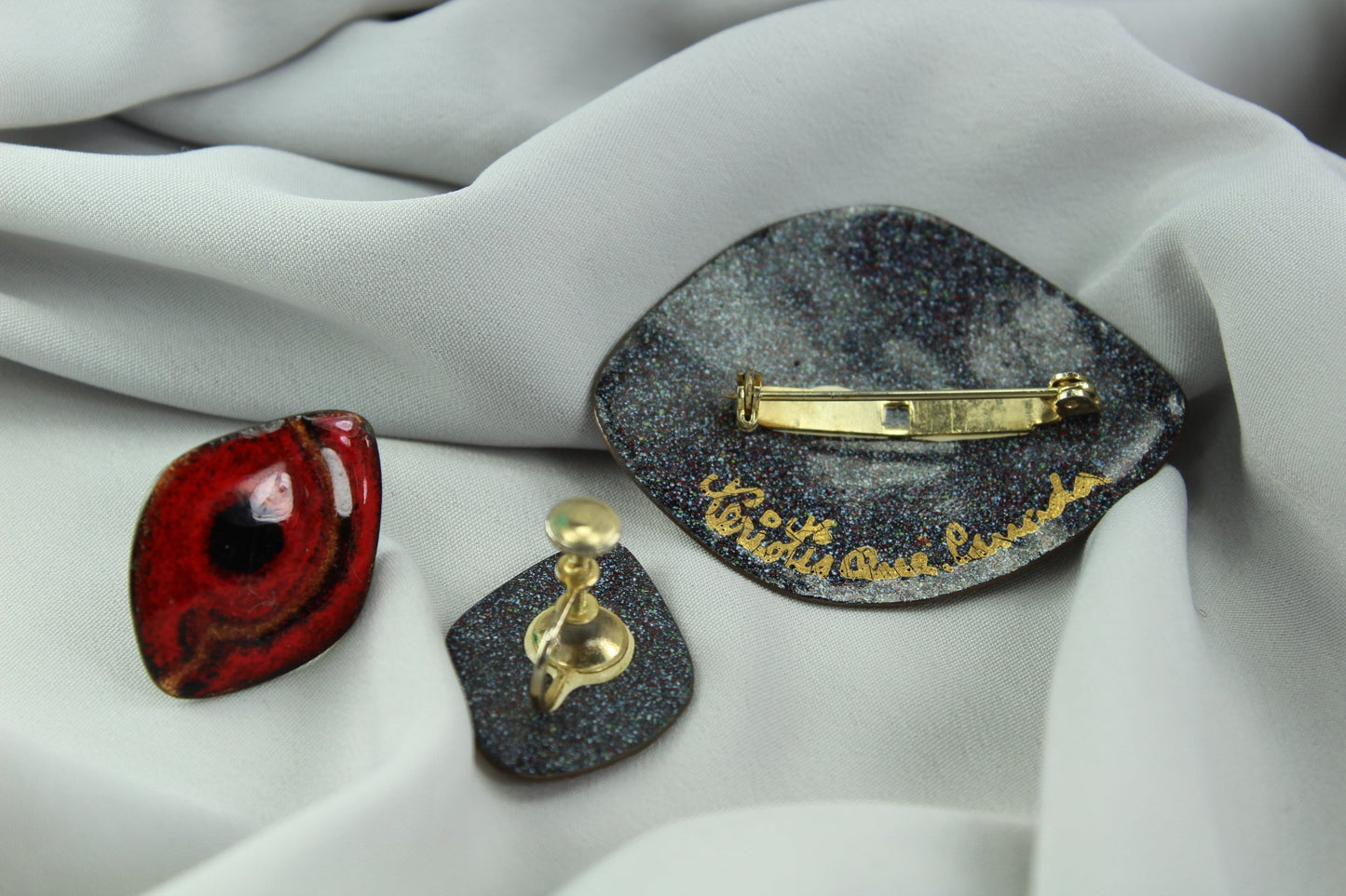 Vintage TERIOTIS Enamel Set Theriault Otis Copper Enamel Pin Earrings Mid Century Modernist estate
