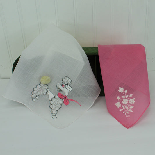 Collection 2 Handkerchiefs 1950s Poodle Pom Pom Tail Rolled Hem Coordinating Pink