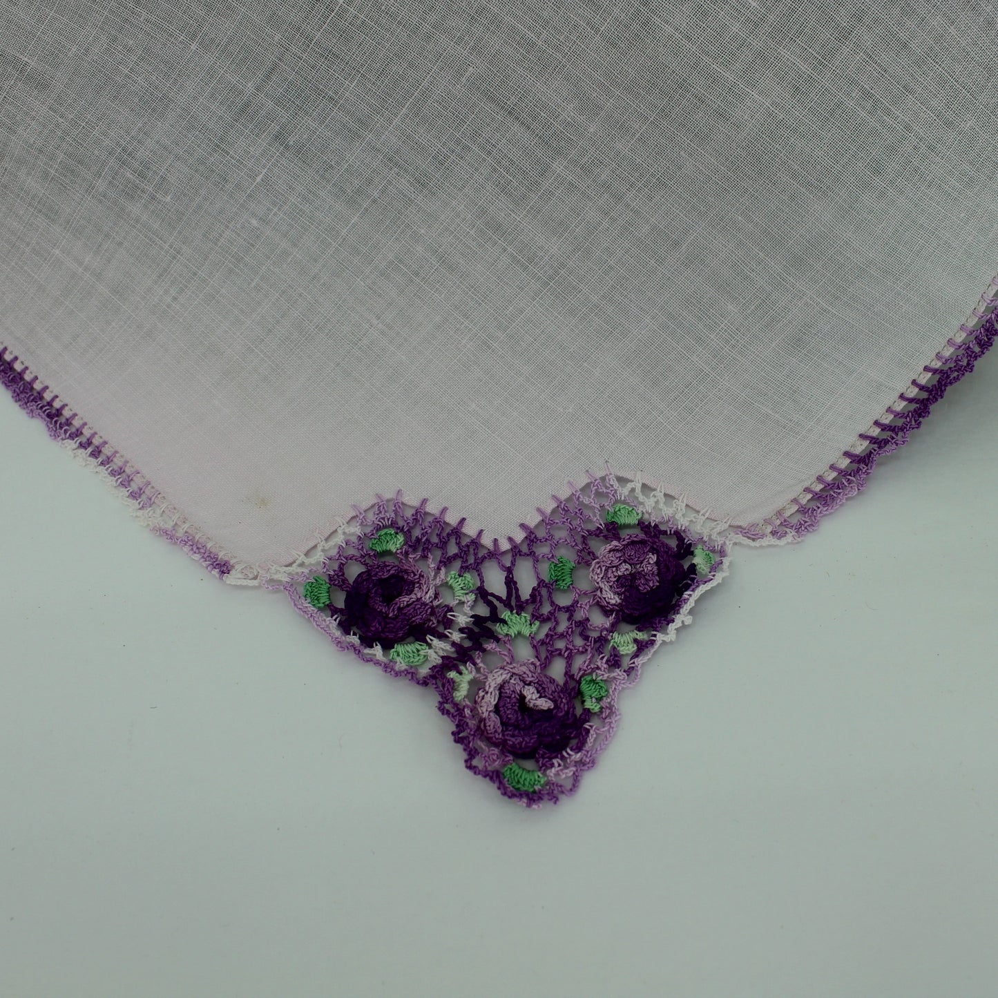 Outstanding Pale Lavender Handkerchief Purple Crochet Flowers Corner Hand Edging DIY Clothing Crafts closeup packing spot on left of corner