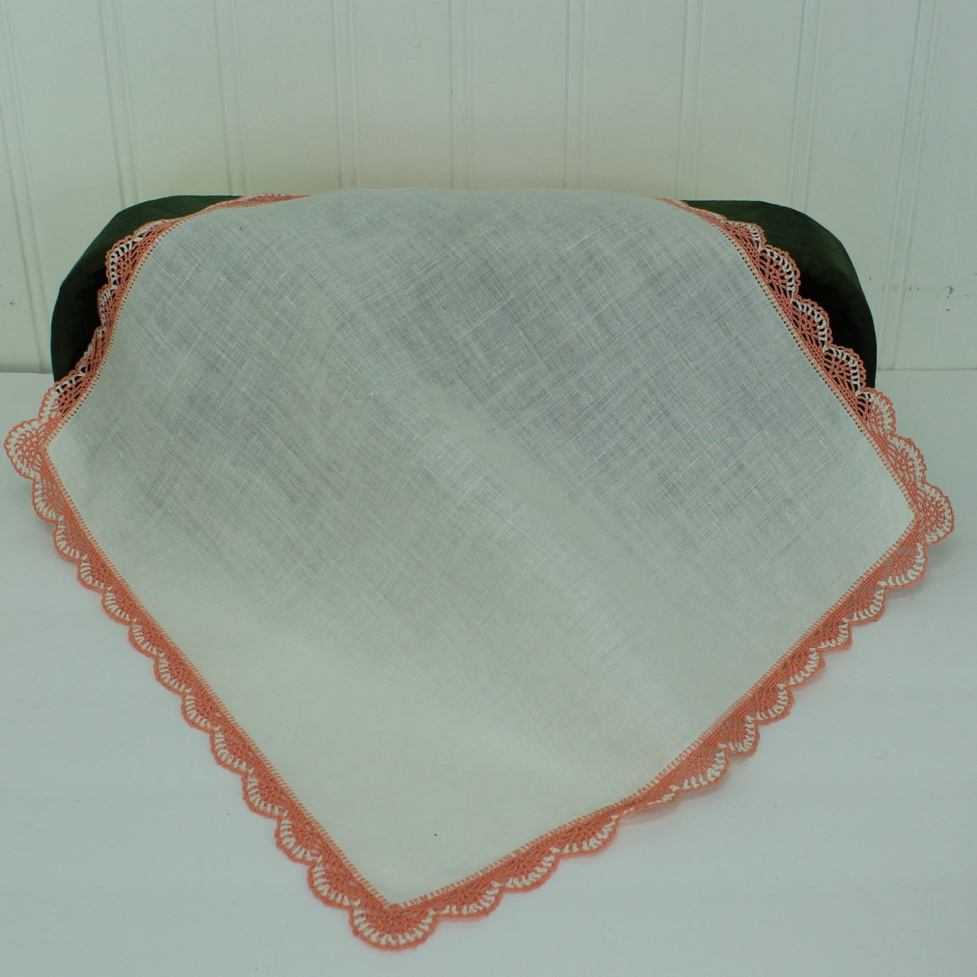 Collection 2 Handkerchiefs Hand Made Edges Salmon White Yellow  white hankie up close