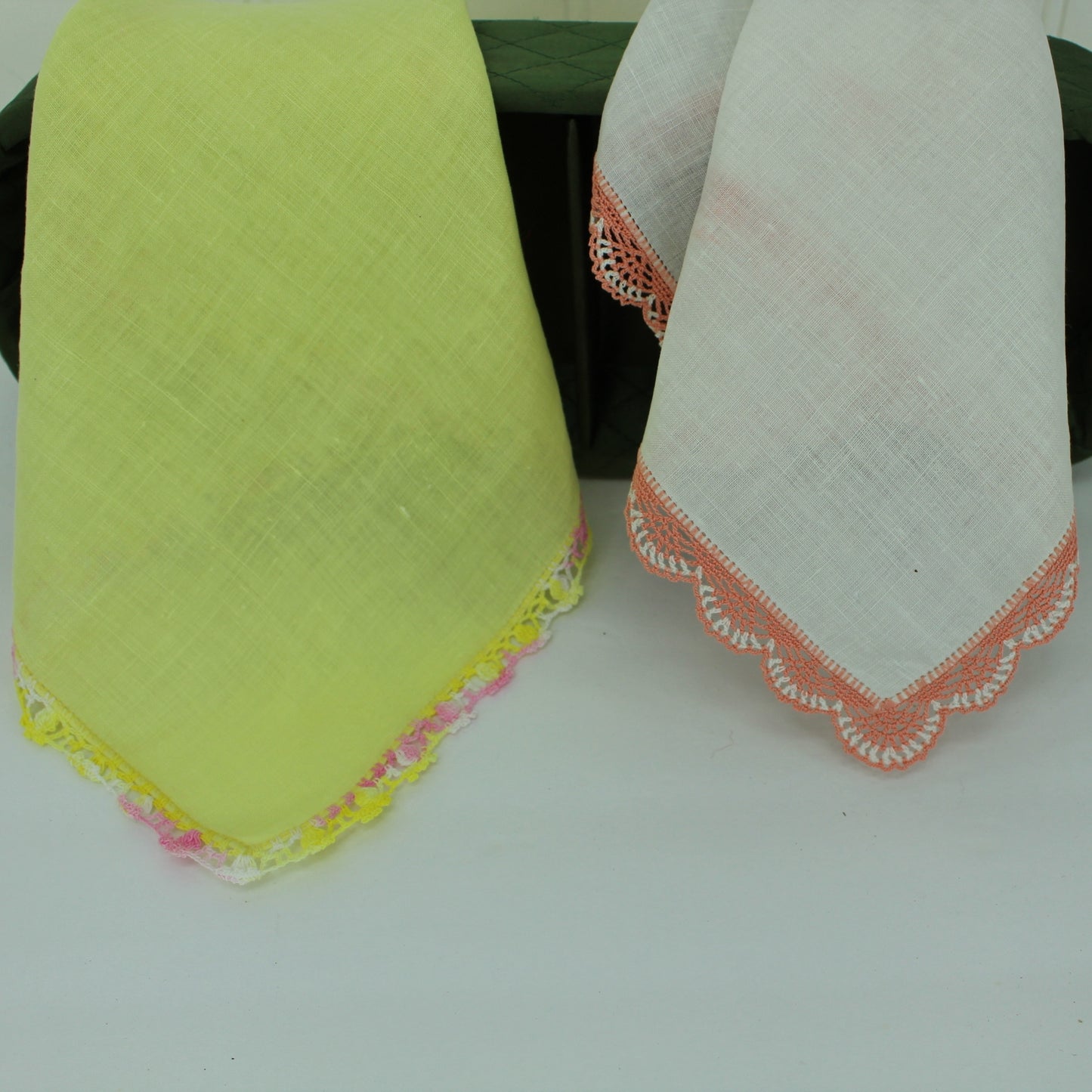 Handkerchiefs Pair Hand Made Edges Salmon White Yellow