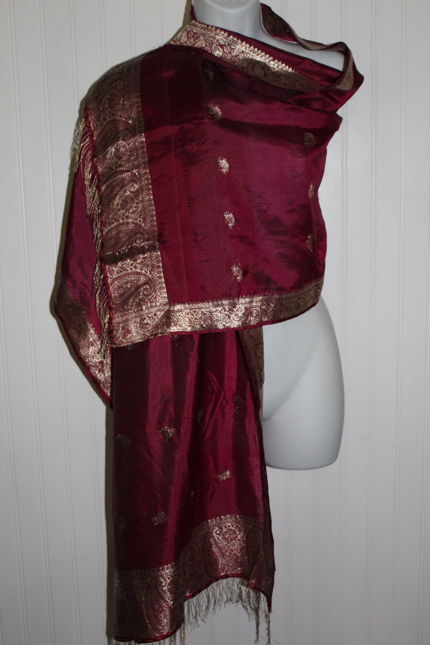 Elegant Embroidered Scarf Shawl Fuchsia Silk Gold Threads Fringe 68" X 21" long wrap