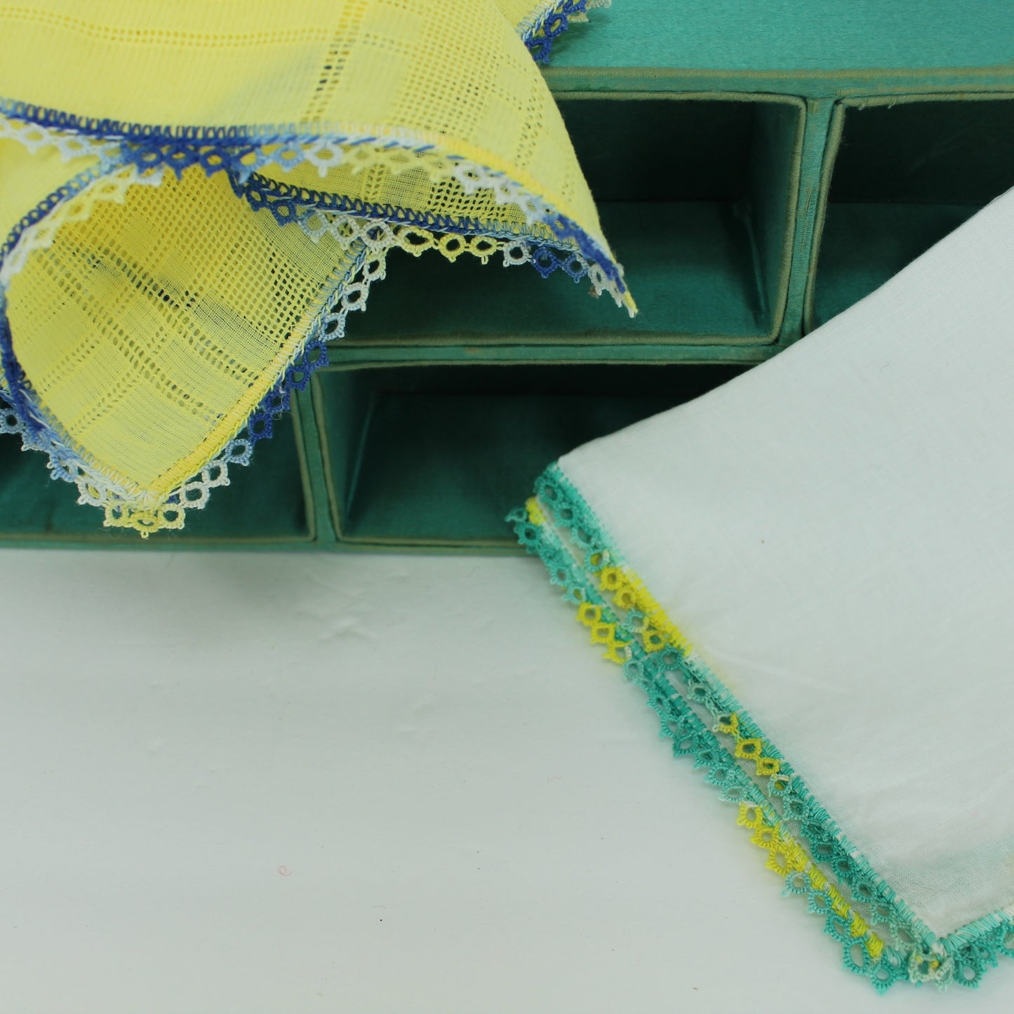 Collection 2 Handkerchiefs Hand Made Tatted Edges Yellow Blue Aqua closeup hand work