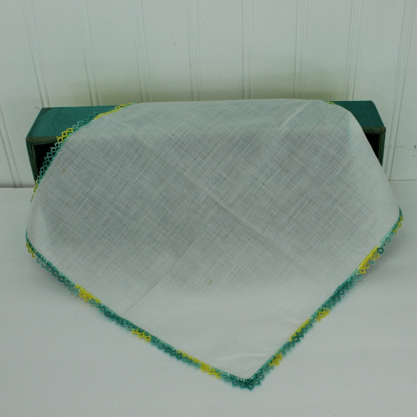 Collection 2 Handkerchiefs Hand Made Tatted Edges Yellow Blue Aqua white handkerchief note small stain
