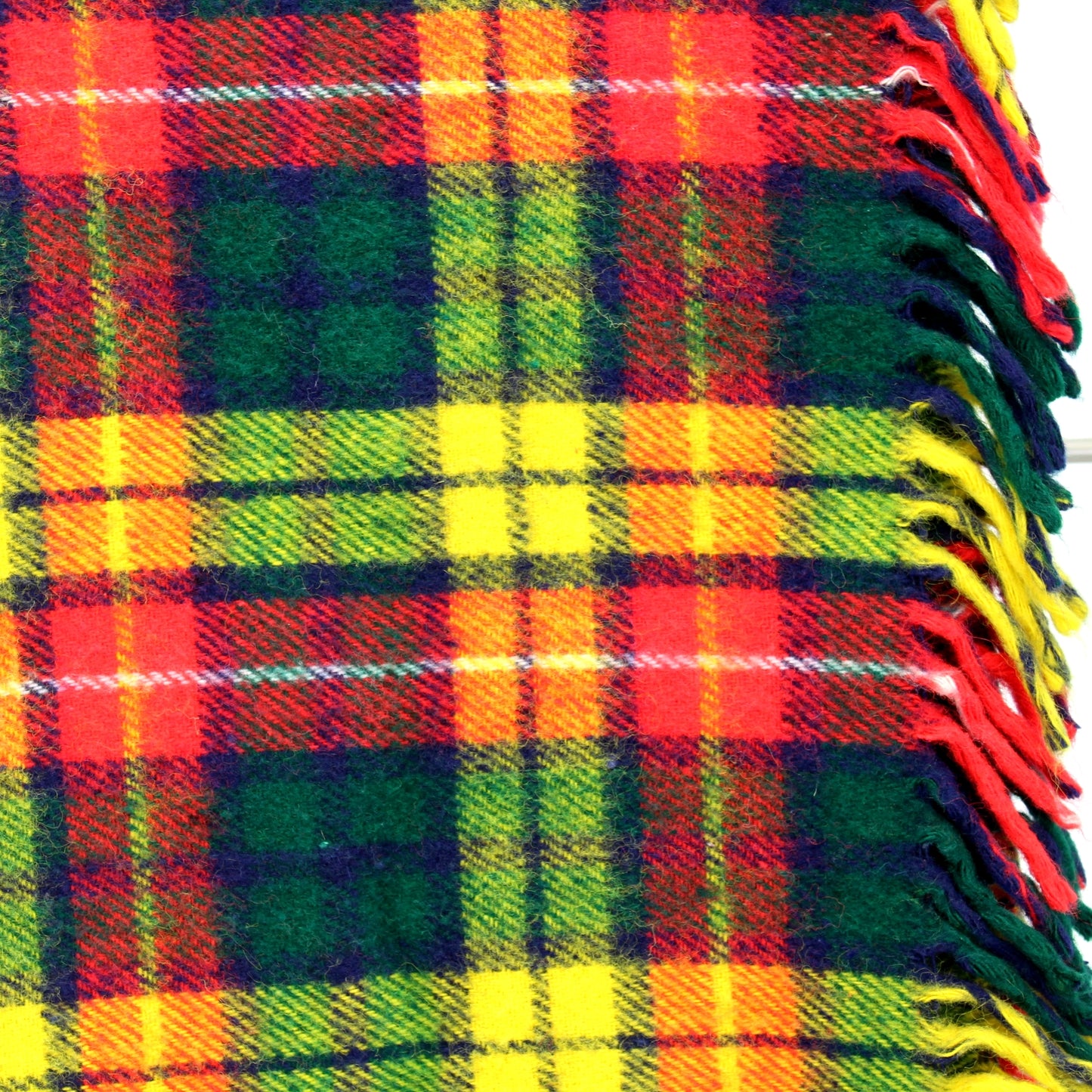 Faribo Classic Wool Throw Blanket Red Green Yellow Plaid 54" by 52" USA closeup of plaid