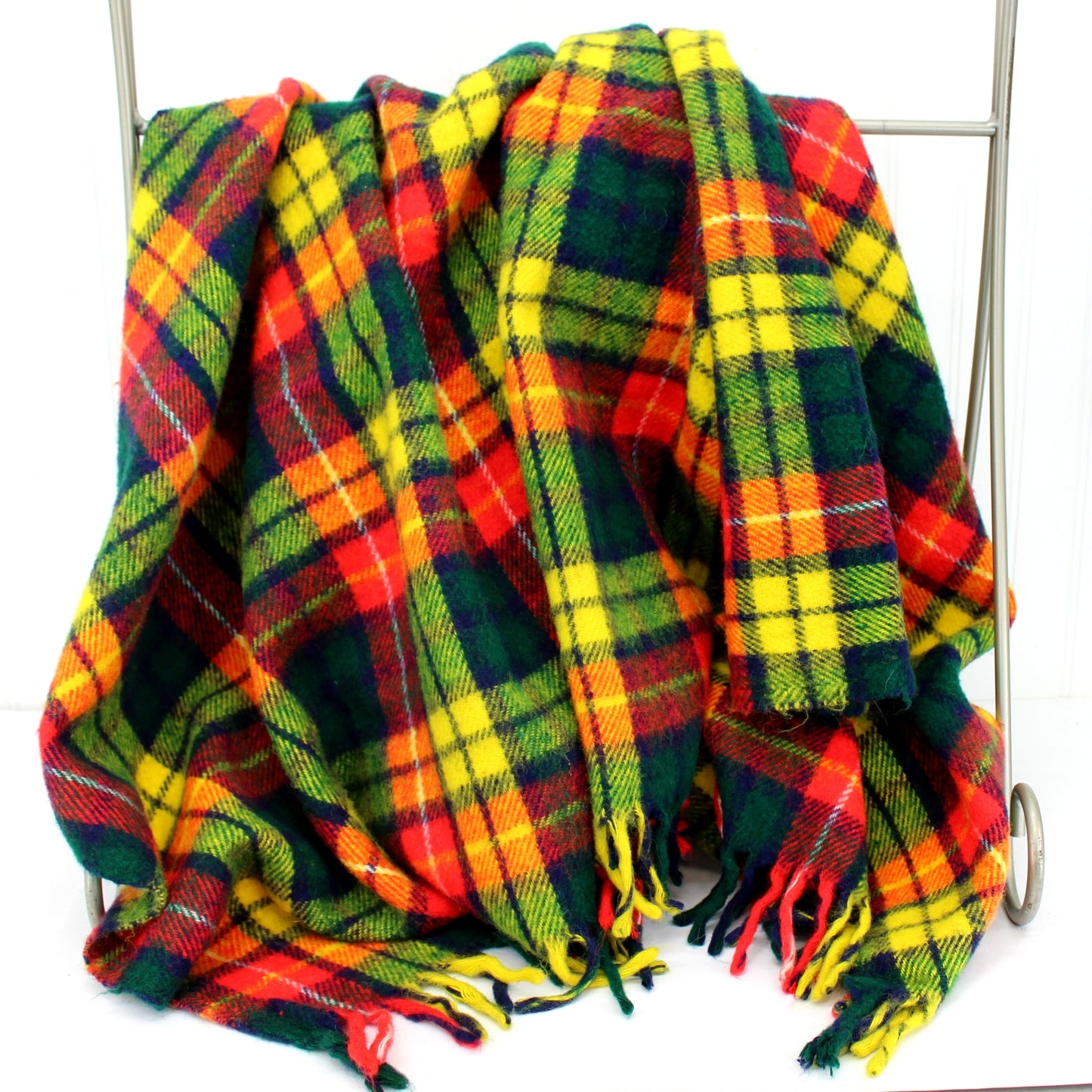 Faribo Classic Wool Throw Blanket Red Green Yellow Plaid 54" by 52" USA
