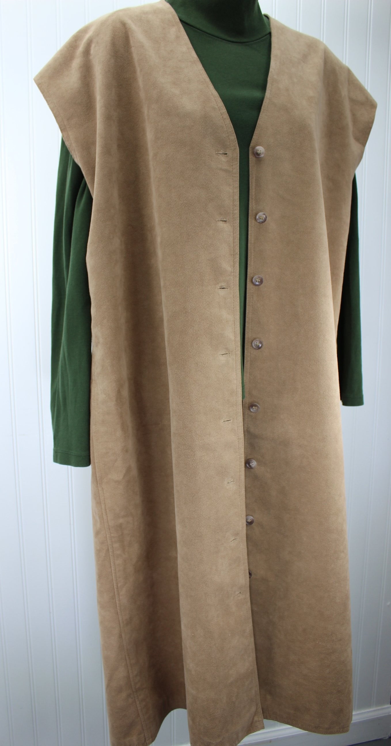 Tan Ultrasuede Long Vest or Dress Washable Packable Flexible Wear long vest for over pants