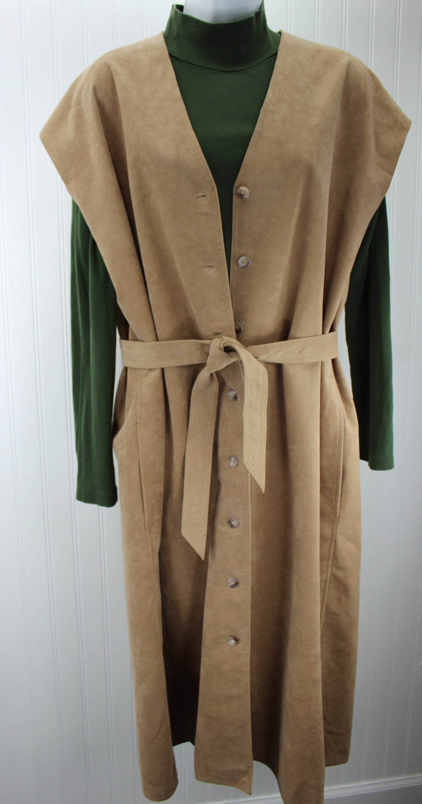 Tan Ultrasuede Long Vest or Dress Washable Packable Flexible Wear wear over knit dress