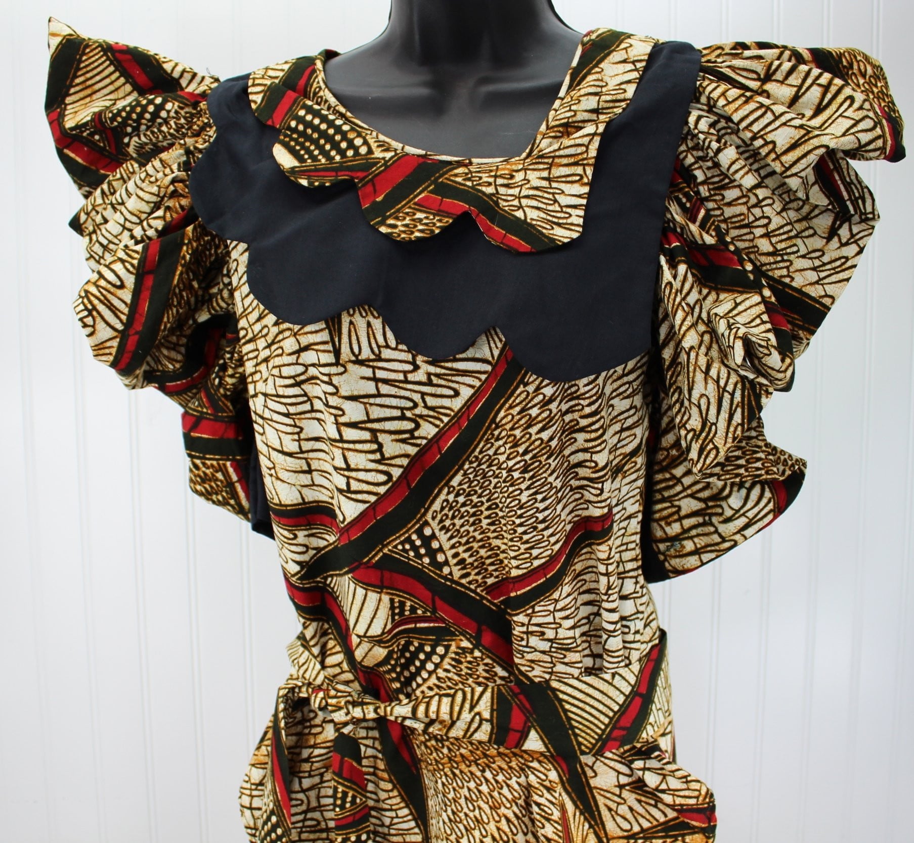 Vintage 1980s West Africa Dress Cotton Batik 2 Piece Tie Belt Custom Q