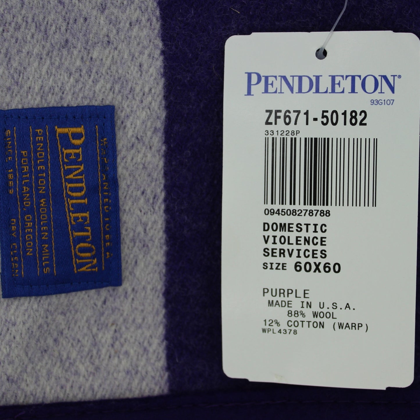 New With Tags Pendleton Wool Cotton Blanket Purple Ribbon Domestic Violence tags with design bar code numbers