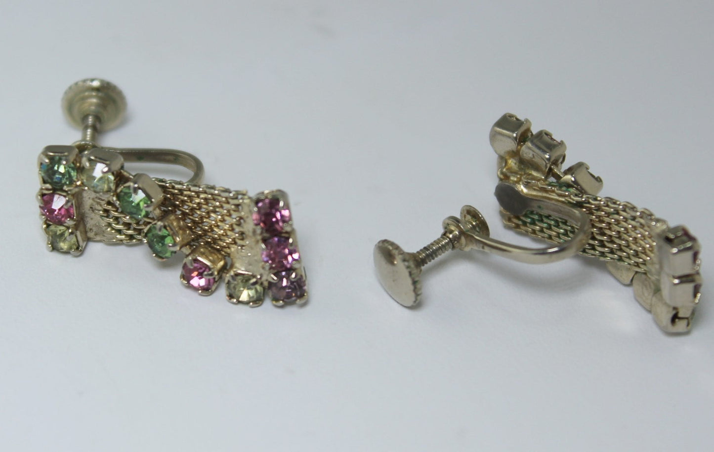 Vintage 1950s Earrings Woven Chain Jewel Tone Rhinestones Screw Finding prong set