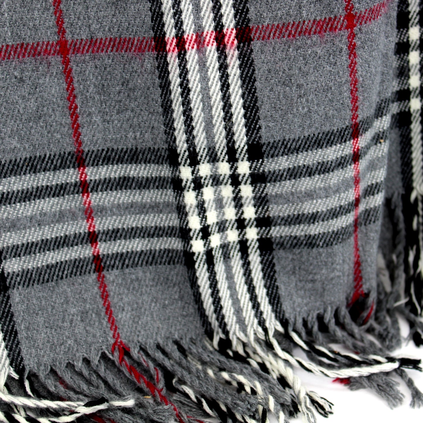 V Fraas Acrylic Ruana Shawl Classic Grey Black Cranberry Plaid closeup of plaid fabric