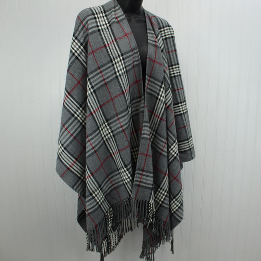 V Fraas Acrylic Ruana Shawl Classic Grey Black Cranberry Plaid