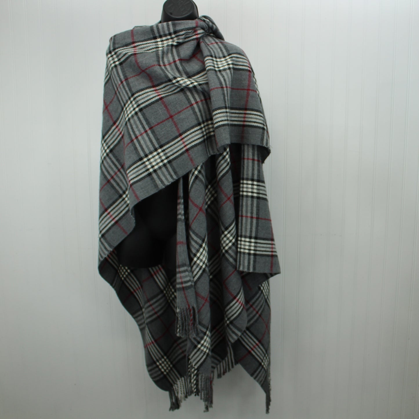 V Fraas Acrylic Ruana Shawl Classic Grey Black Cranberry Plaid wear many ways